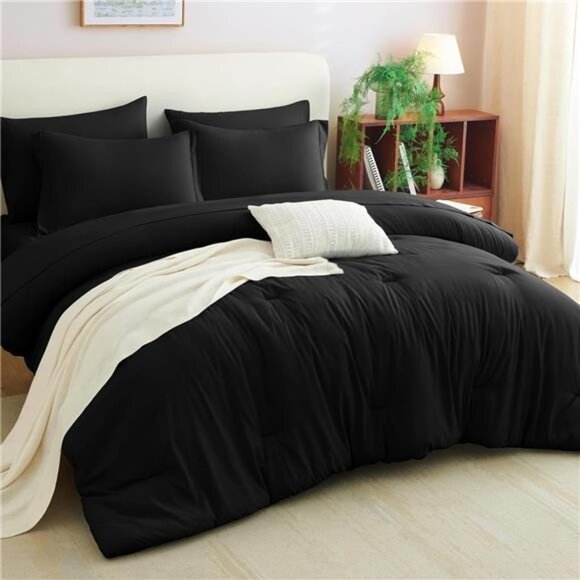 Queen Comforter Set Black, 7 Pieces Bed in a Bag Soft Bedding Comforter - Picture 3 of 7